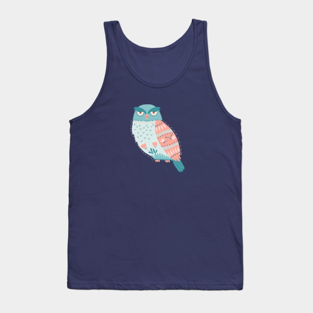 Folk Art Owl in Pink + Blue Tank Top by latheandquill